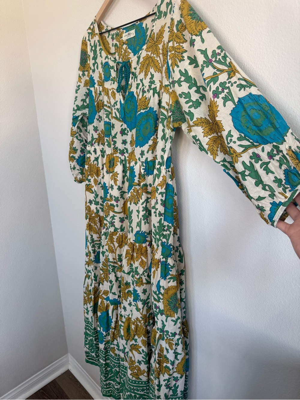 NATURAL LIFE Floral Tiered Midi Dress 100% Cotton Lined Boho Tassel Tie Large - Picture 5 of 11